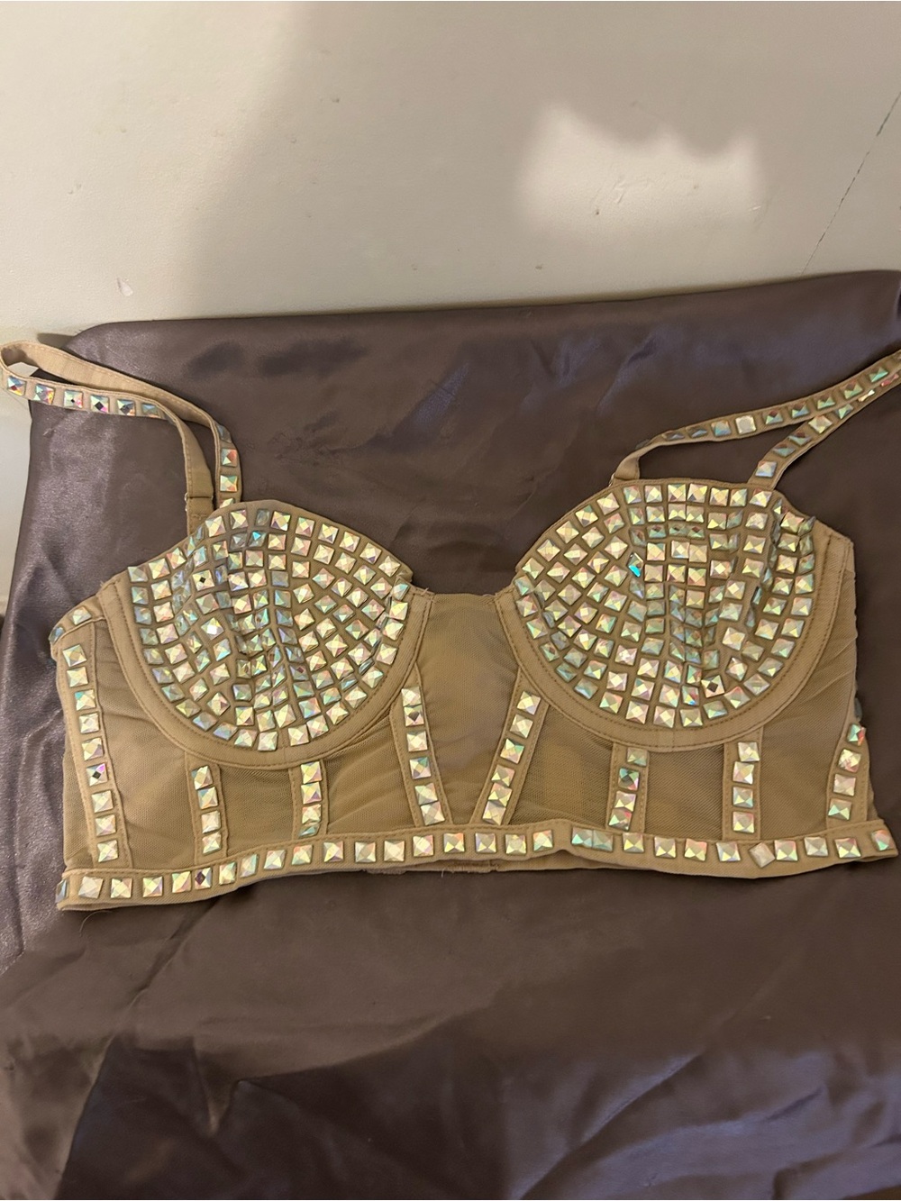 For Love And Lemons Bra XS Jackpot Longline Crystal Rhinestone Studded in Tan